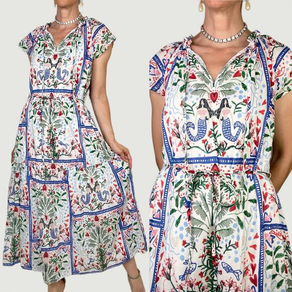 LOFT mermaid print dress seashell heart palm tree cotton midi maxi tie waist XS - Picture 1 of 16